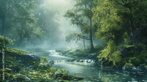 Serene forest river landscape with mist, lush green trees, and crystal-clear water creating a peaceful and tranquil scene in nature.