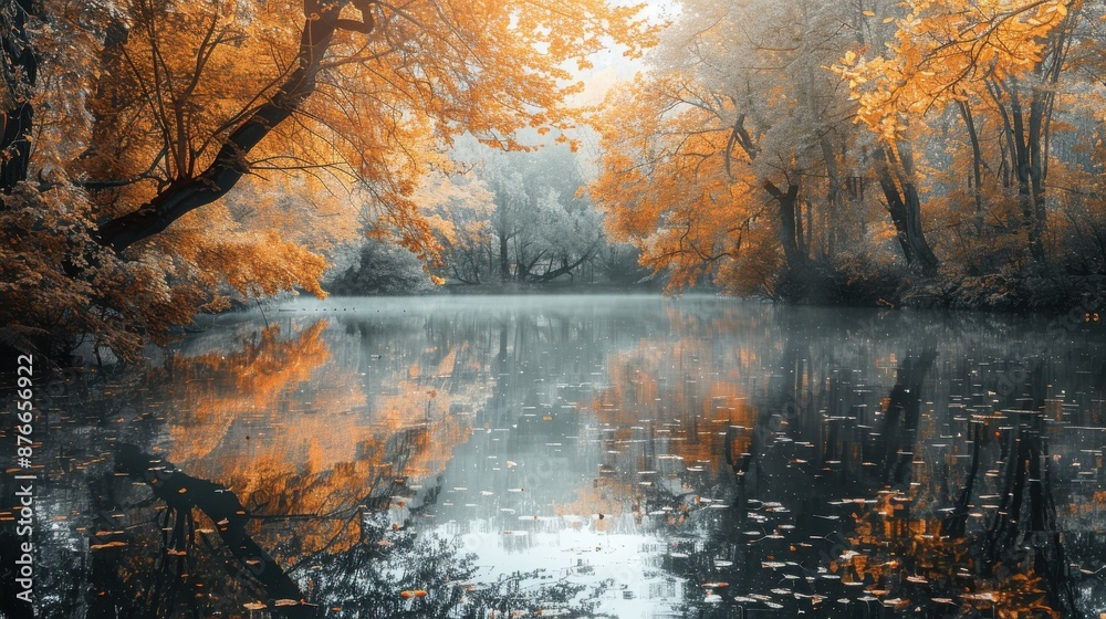 Fototapeta premium Tranquil autumn lake with misty reflections, surrounded by vibrant orange foliage and serene, foggy atmosphere, perfect for nature enthusiasts.