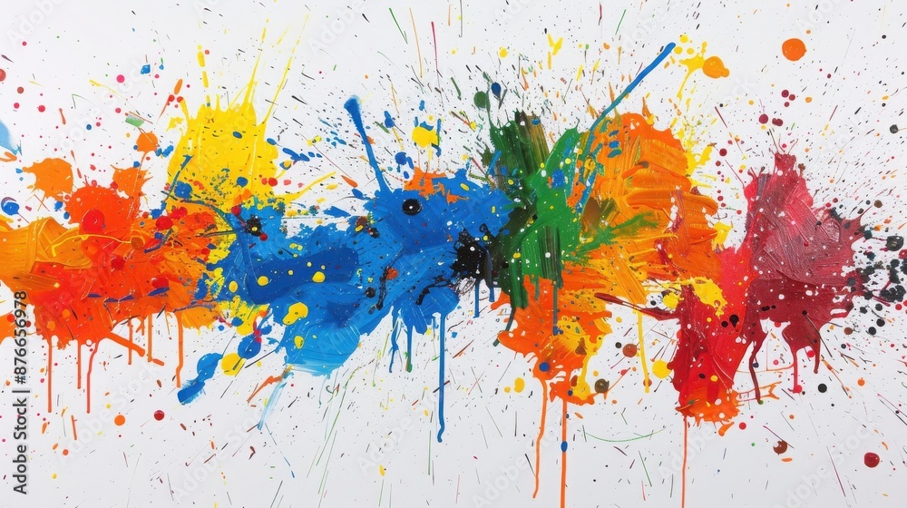 Fototapeta premium Vibrant abstract paint splatter art with a mix of bright colors on a white background. Modern expressionist style, perfect for creative projects.