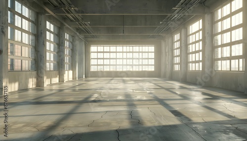 3d rendering of an empty warehouse with a lot of windows. 3d rendering of large hangar building and concrete floor and open shutter door in perspective view for background