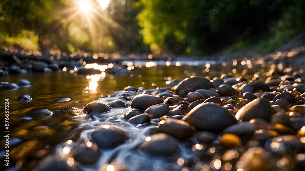 Fototapeta premium Stream and small pebbles sparkling under the sunlight, Generative AI