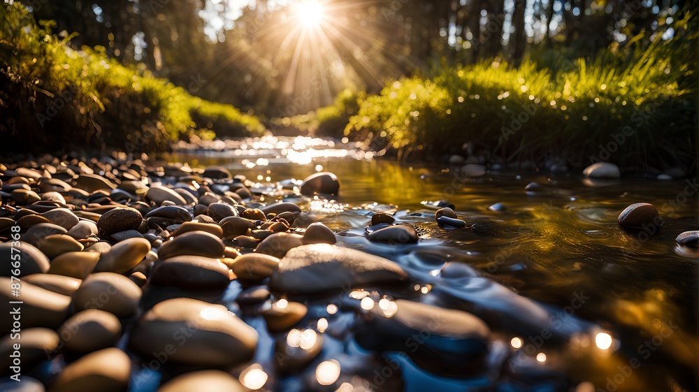 Fototapeta premium Stream and small pebbles sparkling under the sunlight, Generative AI