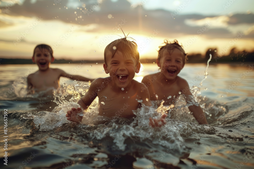 In the summer swimming pool, the boy smiling at the camera In the summer swimming pool, the boy smiling at the camera