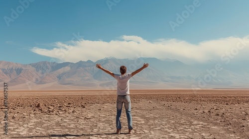 Man in a Desert Landscape with Mountain Range in the Background