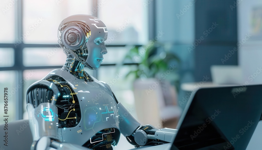 A humanoid robot working on a laptop in a modern office setting, showcasing advanced artificial intelligence and technology.