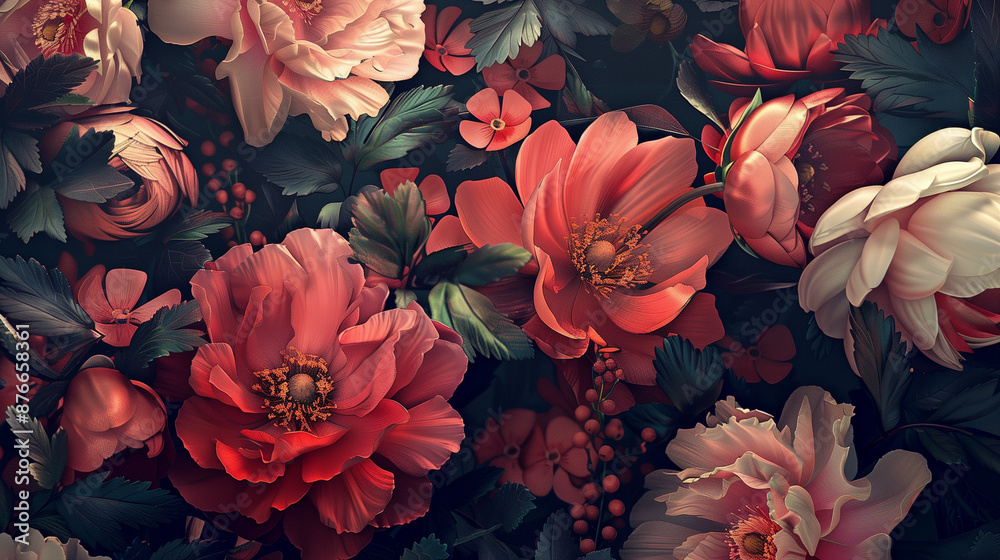 Fototapeta premium Dense arrangement of roses and small flowers in muted tones. Vintage and floral art style