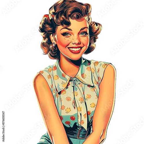 Retro 1950s woman with curly hair and a floral dress, smiling brightly. Vintage clip art, transparent background.