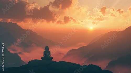 Person meditating on a mountain at sunrise, surrounded by clouds and stunning scenery, creating a peaceful and serene atmosphere. © Jeannaa