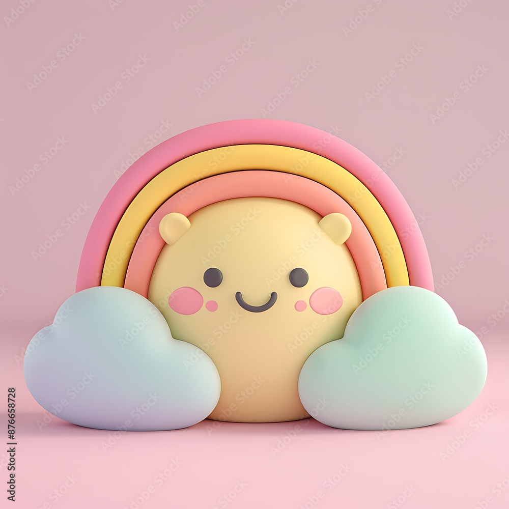 Playful 3D illustration of a smiling sun and rainbow with soft pastel colors Playful 3D illustration of a smiling sun and rainbow with soft pastel colors