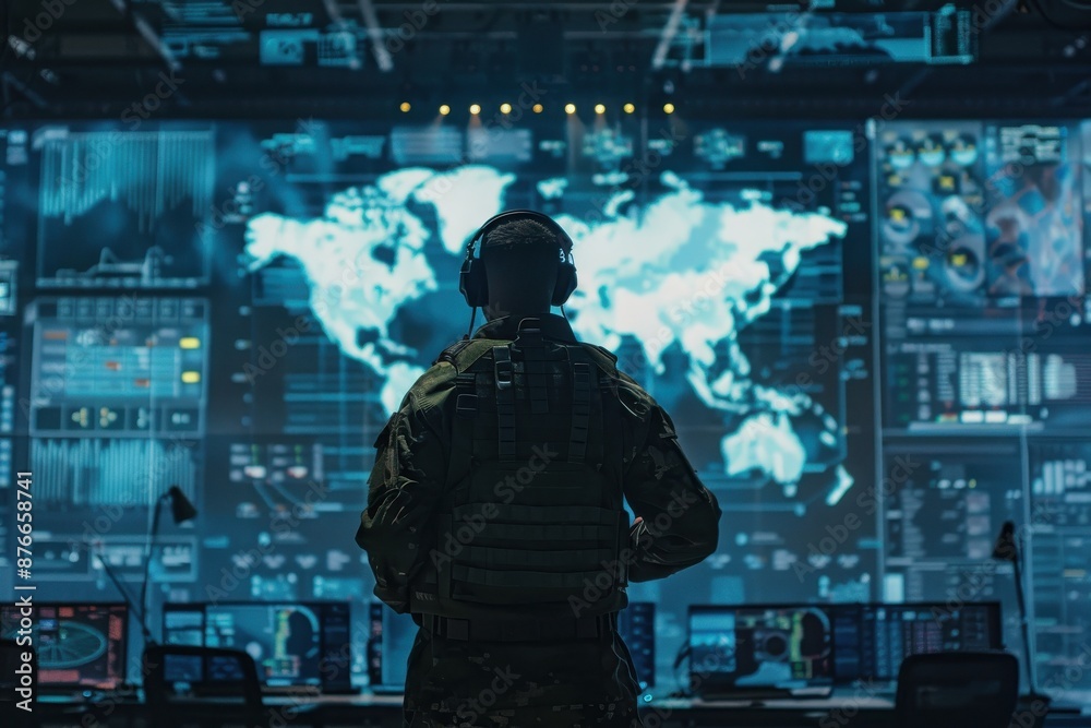 Soldier monitoring global operations in a command center with advanced technology and large screen showing world map. Soldier monitoring global operations in a command center with advanced technology and large screen showing world map.