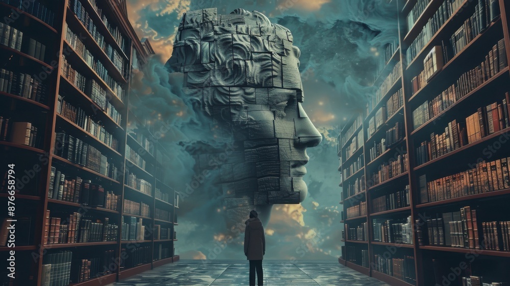 Naklejka premium Surreal scene of a giant stone face in a library aisle, with a person standing in awe, blending elements of imagination and reality.
