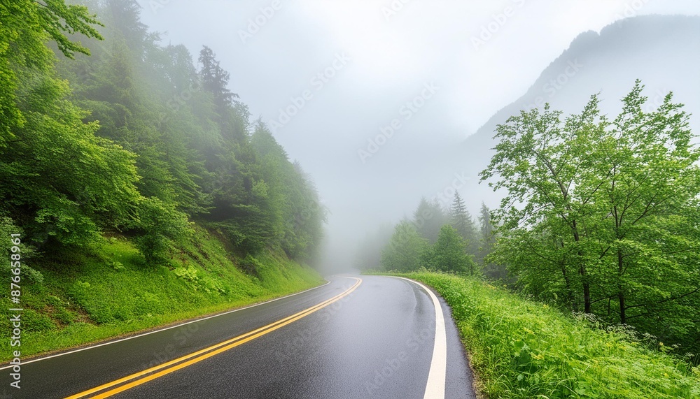 Road in foggy forest in rainy day in spring. Beautiful mountain curved ...