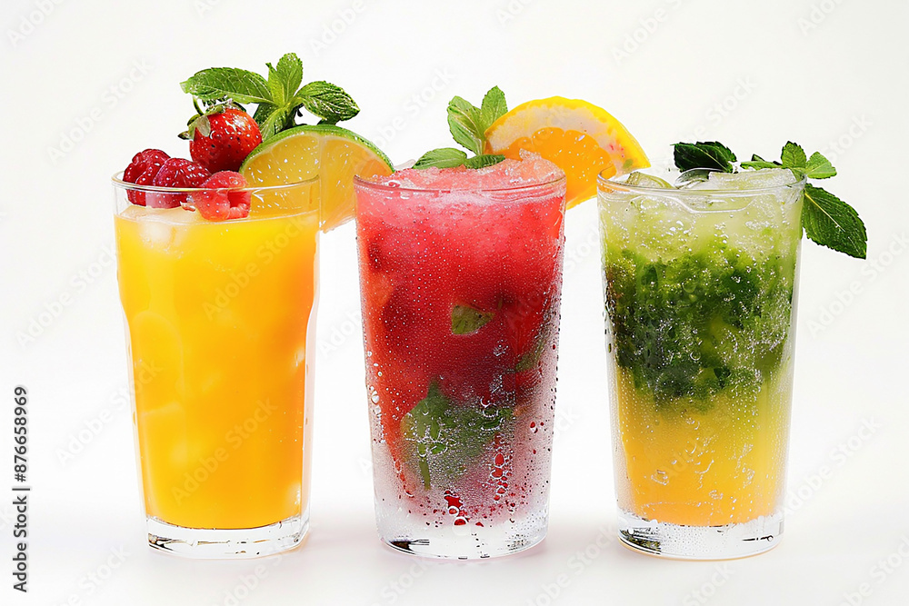 Summer juices on white background, iced and fruity, perfect for hot weather Summer juices on white background, iced and fruity, perfect for hot weather