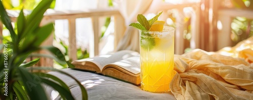 A cozy porch setting with a glass of pineapple mint Meyer lemonade and a good book,  Pineapple Mint Meyer Lemonade ,  Relaxing summer moment