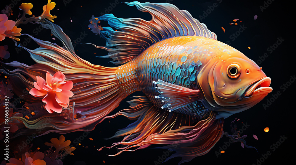 Vibrant colorful fish with intricate fins swimming gracefully amidst underwater plant life Vibrant colorful fish with intricate fins swimming gracefully amidst underwater plant life