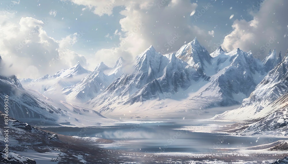 Fototapeta premium a snowy mountain range with a lake surrounded by snow covered mountains in the foreground and a cloudy sky in the background, with a few clouds in the foreground