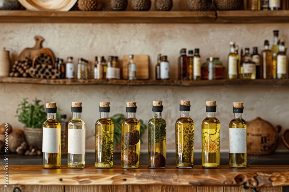 A collection of gourmet oils in glass bottles on a rustic wooden counter with shelves stocked in the background. A collection of gourmet oils in glass bottles on a rustic wooden counter with shelves stocked in the background.