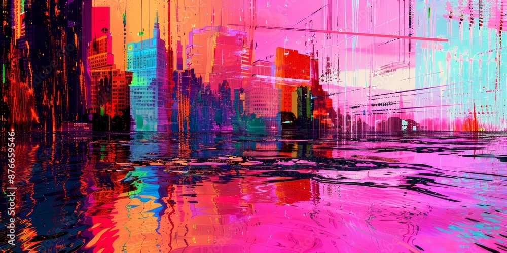Obraz premium Abstract glitch art with distorted visuals and vibrant colors, evoking a sense of digital disarray and creativity