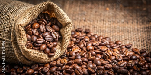 Coffee beans spilling out of a burlap bag , coffee, beans, burlap, bag, spill, aroma, fresh, organic, fair trade, caffeine