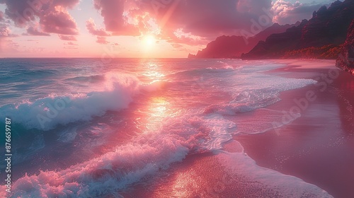 Pink Paradise Beach Sunset Overlooking Rocky Cliffs photo