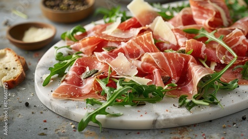 Delicious thinly sliced prosciutto with fresh arugula on a marble plate, garnished with parmesan and spices, ready to serve.