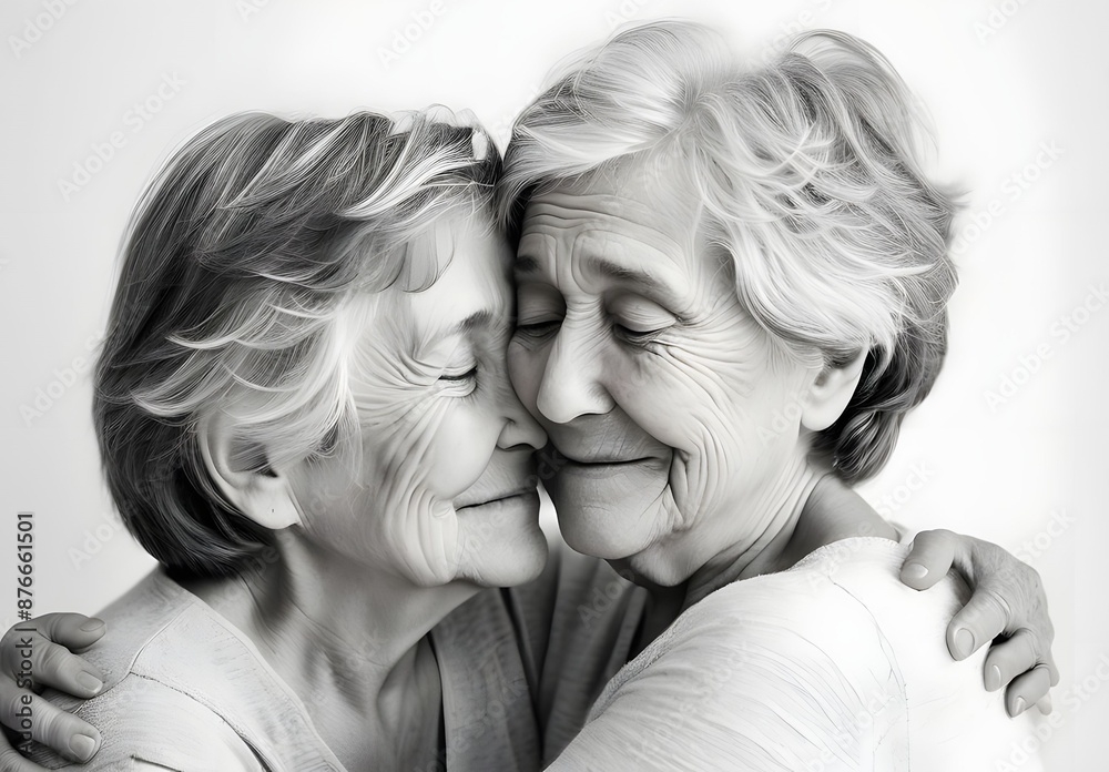 Black and white emotional family photo, Heartwarming relationship between elderly sisters or long time friends, Family loving relationship or old friends never dies Black and white emotional family photo, Heartwarming relationship between elderly sisters or long time friends, Family loving relationship or old friends never dies