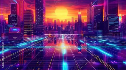 Illustration of a city lit up with neon lights, skyline