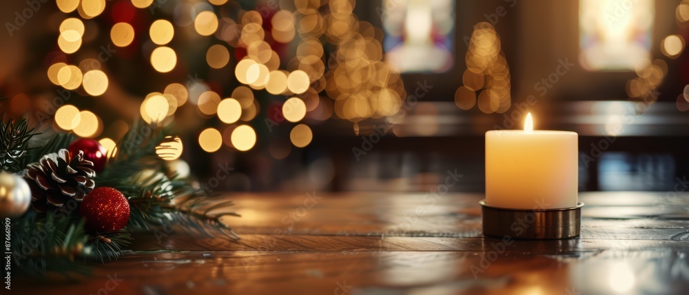 Cozy Christmas Candlelit Table with Festive Decorations and Warm Holiday Lights in Background Cozy Christmas Candlelit Table with Festive Decorations and Warm Holiday Lights in Background