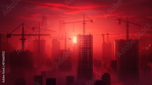 Sunset Over Urban Construction Site with Tower Cranes and Skyscrapers in Red Hues