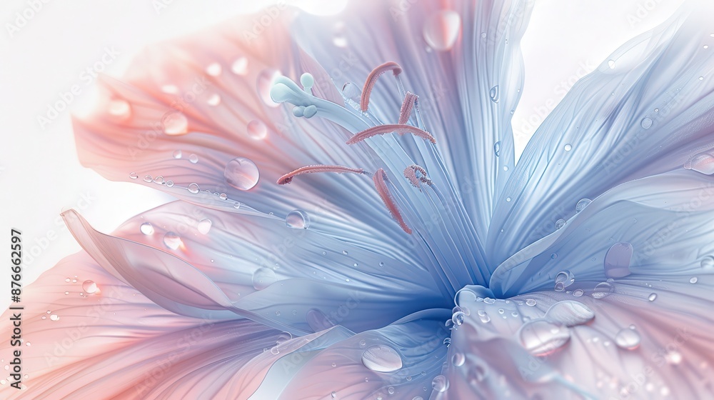Obraz premium Abstract floral image blue pink hues. Water drops petals enhance delicate beauty. Decorative soothing visual.