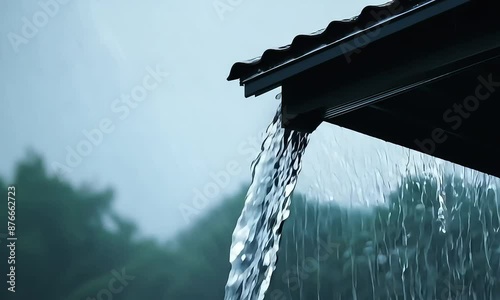 Close up of water falling down to gutter from the roof during heavy rain storm, slow motion footage clip