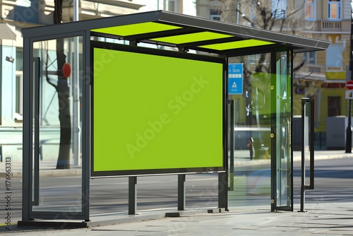 mockup green screen advertising panel in modern bus stop