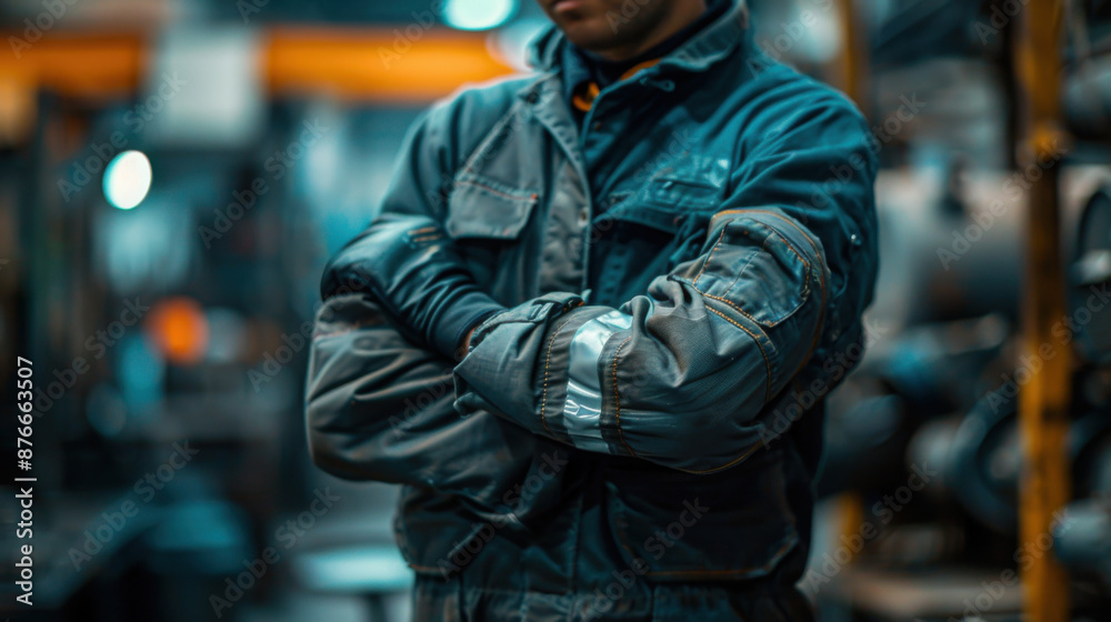 An industrial worker in a protective uniform with folded arms, standing in a factory setting, exuding professionalism and readiness. An industrial worker in a protective uniform with folded arms, standing in a factory setting, exuding professionalism and readiness.