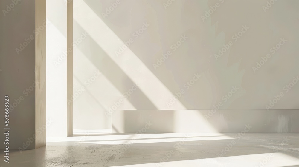 Fototapeta premium Minimalist interior with natural sunlight casting shadows on smooth white walls, conveying a serene and calm atmosphere in an empty space.