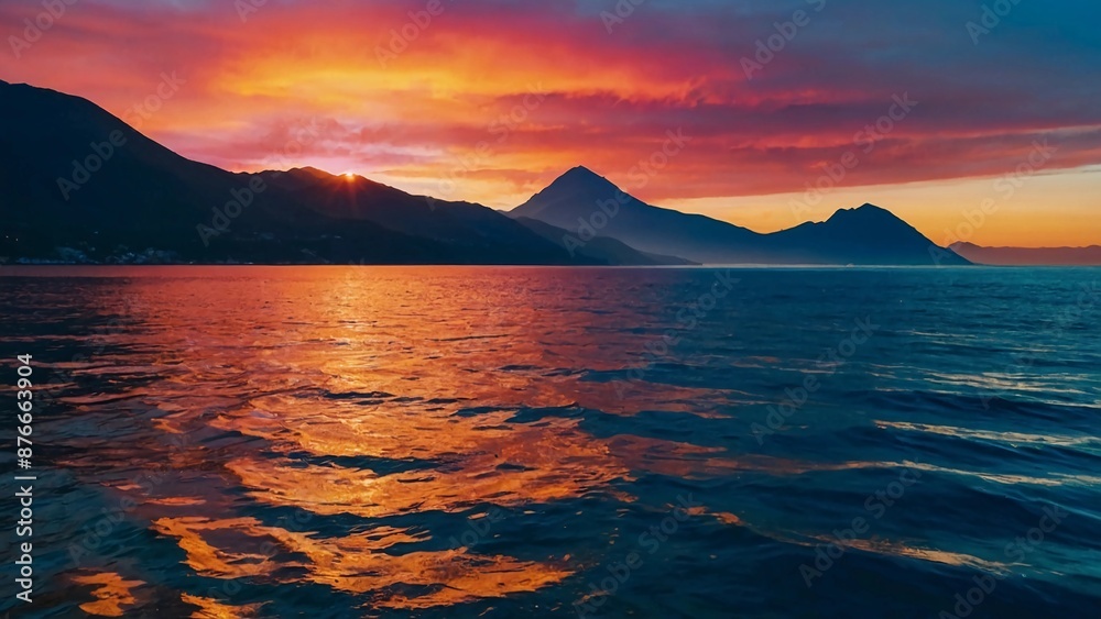 sunset over the ocean,The image shows a beautiful sunset over a mountain with a rainbow arching over it. The sun is setting in the background. sunset over the ocean,The image shows a beautiful sunset over a mountain with a rainbow arching over it. The sun is setting in the background.
