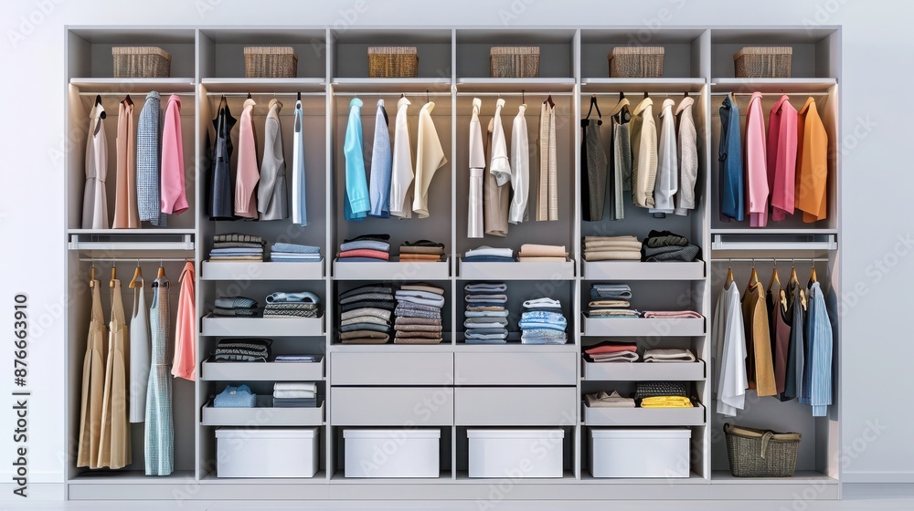 Modern organized wardrobe with neatly arranged clothes and accessories. Ideal storage solution for a clutter-free living space. Modern organized wardrobe with neatly arranged clothes and accessories. Ideal storage solution for a clutter-free living space.