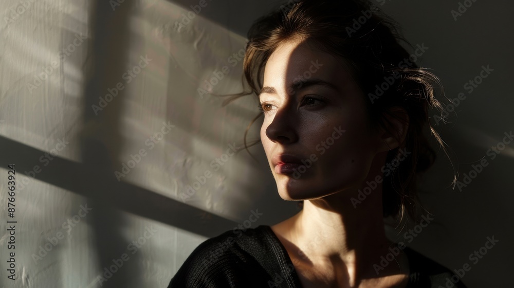 Moody portrait of a woman with dramatic shadows cast on her face, creating a contemplative and introspective atmosphere. Moody portrait of a woman with dramatic shadows cast on her face, creating a contemplative and introspective atmosphere.