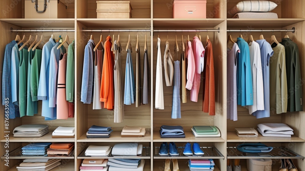 Organized wardrobe with neatly hung clothes and folded items on shelves, showcasing a variety of colors and styles for both men and women. Organized wardrobe with neatly hung clothes and folded items on shelves, showcasing a variety of colors and styles for both men and women.