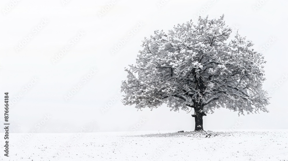 Fototapeta premium Solitary tree covered in snow in a serene winter landscape, with a blank white field stretching into the misty distance.