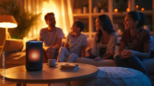 Smart Speaker on Coffee Table with Friends in the Background at Night.