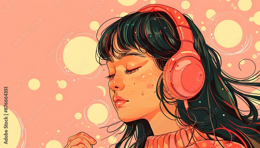 Obraz premium Beautiful anime girl listening to lofi hip hop music with headphones. Manga, cartoon drawing.