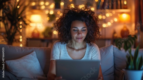 Young woman working on laptop at home in the evening, surrounded by cozy and warm lights.