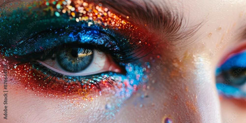 Close-up of a model's eyes with dramatic makeup, highlighting the artistry and precision of modern beauty techniques Close-up of a model's eyes with dramatic makeup, highlighting the artistry and precision of modern beauty techniques