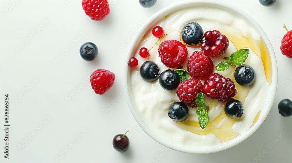 A bowl of creamy yogurt topped with fresh berries and a drizzle of honey, placed on a white surface with additional scattered berries. A bowl of creamy yogurt topped with fresh berries and a drizzle of honey, placed on a white surface with additional scattered berries.