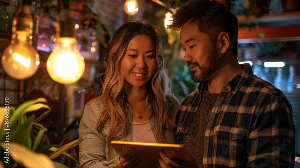 A technician explaining the benefits of using daylight bulbs to a homeowner for improved indoor lighting. A technician explaining the benefits of using daylight bulbs to a homeowner for improved indoor lighting.