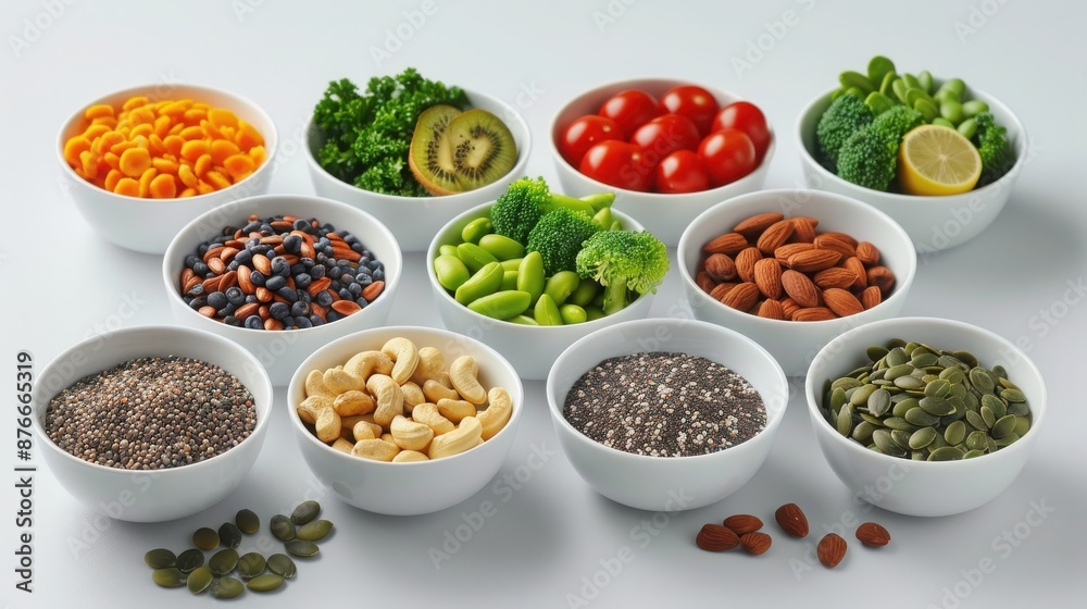 A diverse array of nutritious foods in white bowls, including vegetables, seeds, nuts, and beans, perfect for a healthy diet. A diverse array of nutritious foods in white bowls, including vegetables, seeds, nuts, and beans, perfect for a healthy diet.