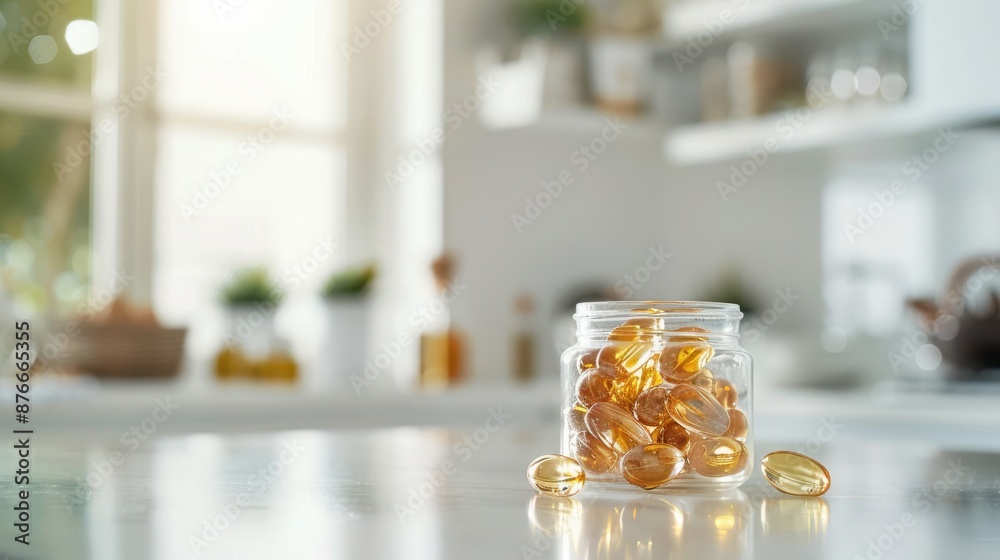 A glass jar filled with dietary supplements sits on a clean kitchen counter under warm sunlight, blending health and home aesthetics.