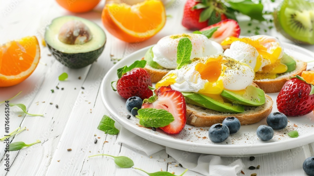A healthy breakfast with avocado toast topped with poached eggs, strawberries, blueberries, kiwi, and oranges on a white table. A healthy breakfast with avocado toast topped with poached eggs, strawberries, blueberries, kiwi, and oranges on a white table.