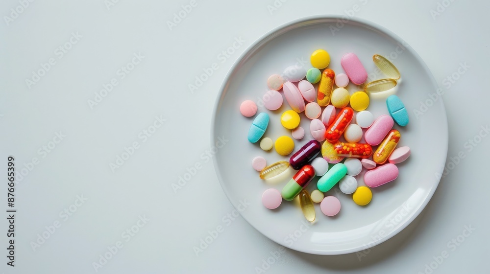 A plate filled with various colorful pills and capsules, representing medication, supplements, and healthcare concepts. A plate filled with various colorful pills and capsules, representing medication, supplements, and healthcare concepts.