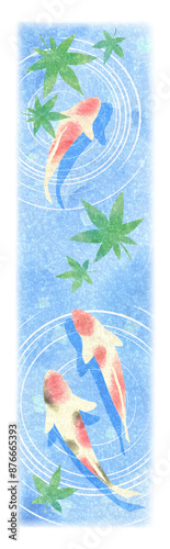 夏イメージの錦鯉と新緑のモミジのイラスト2